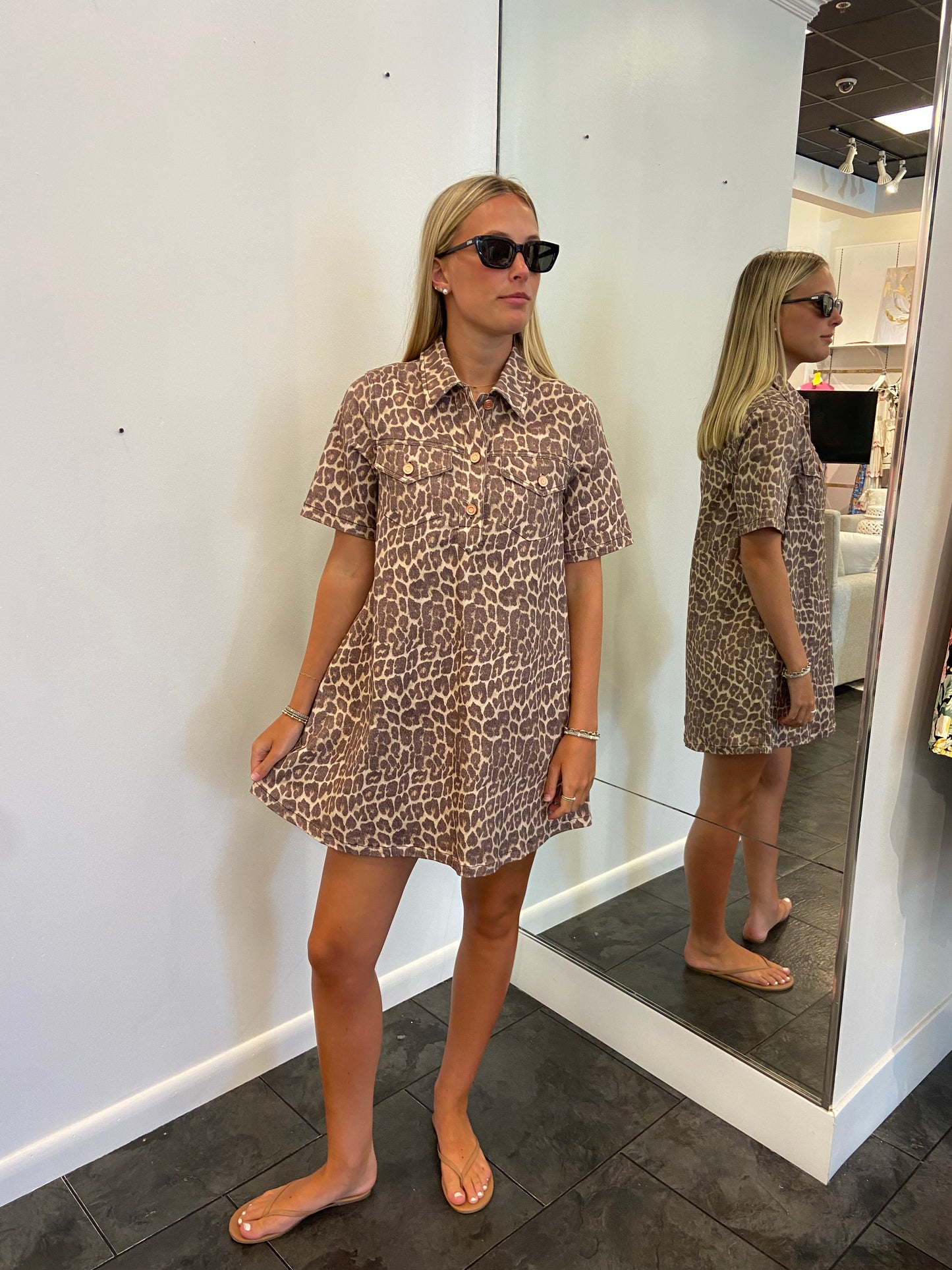 KARLIE Leopard Denim Pocket Dress