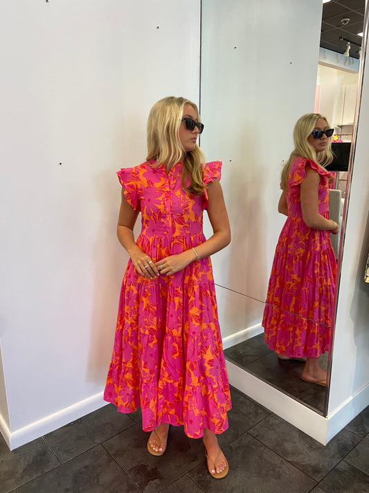 KARLIE Tropical Floral Tier Dress