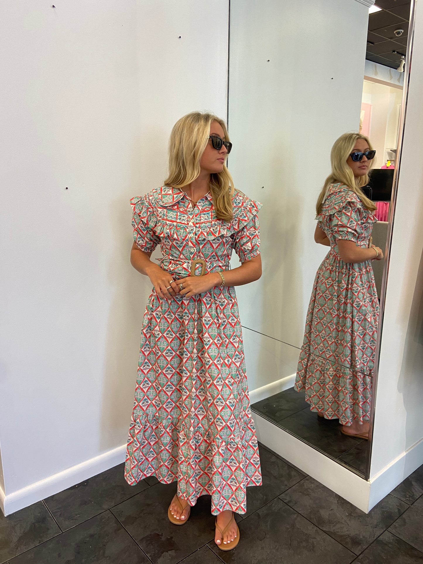 KARLIE Green Paris Floral Peter Pan Belted Maxi Dress