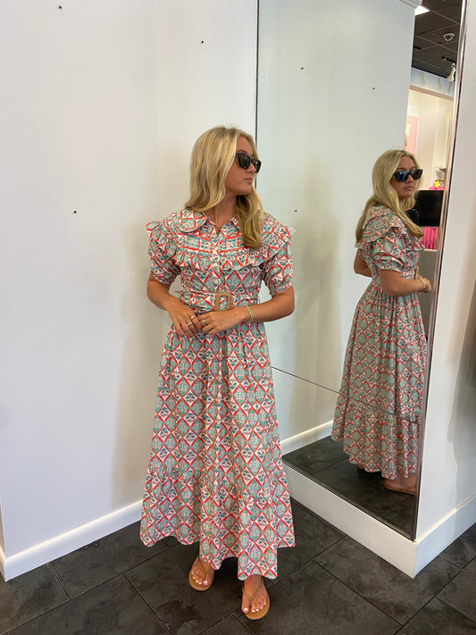KARLIE Green Paris Floral Peter Pan Belted Maxi Dress