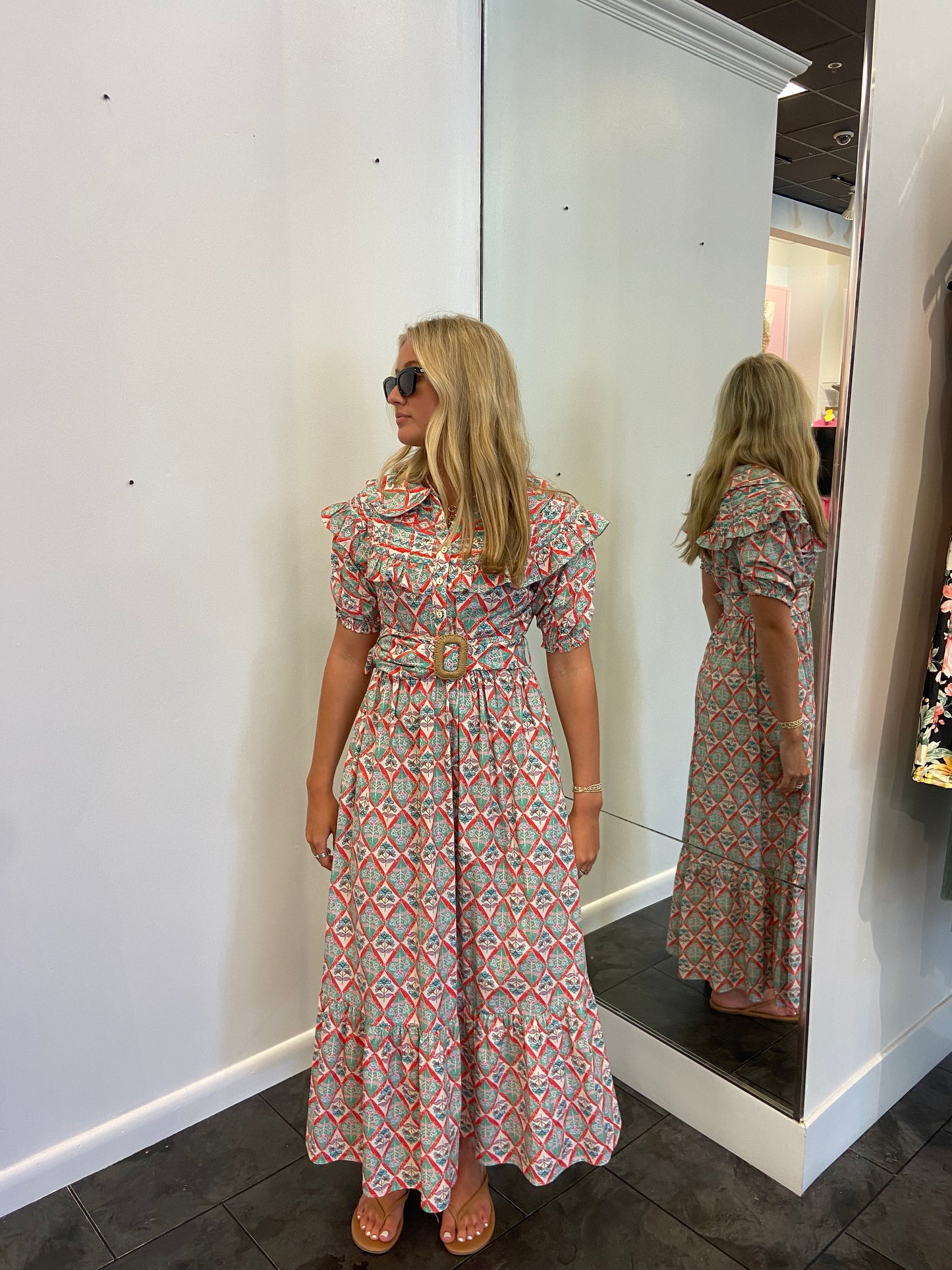 KARLIE Green Paris Floral Peter Pan Belted Maxi Dress