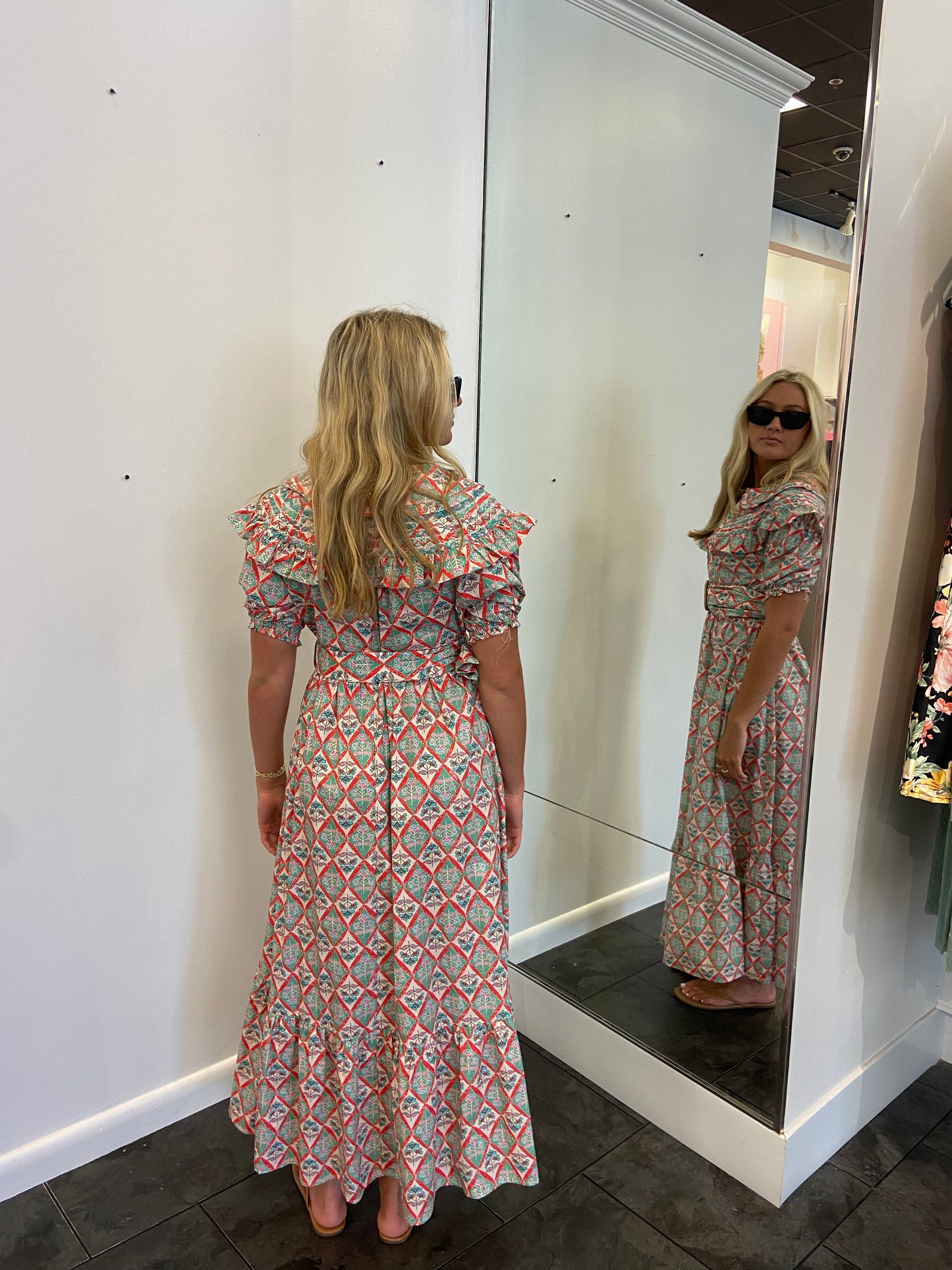 KARLIE Green Paris Floral Peter Pan Belted Maxi Dress