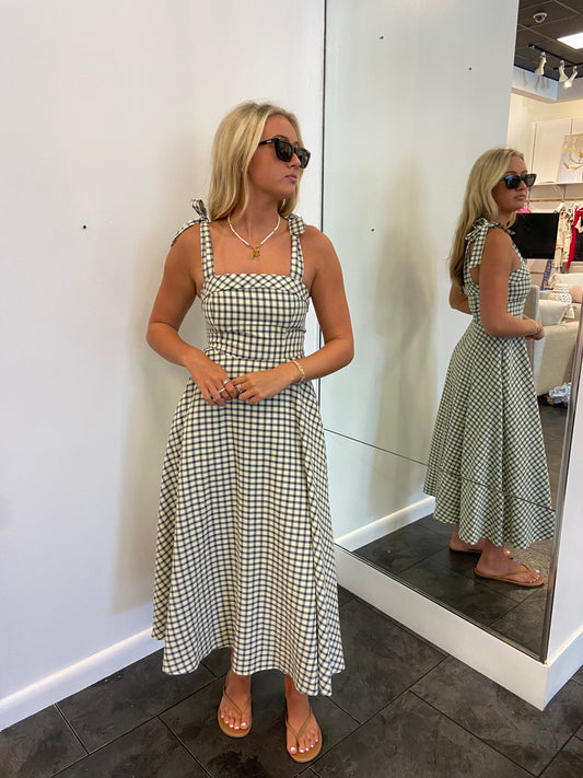Lulus Blue and White Check Shoulder Tie Midi Dress