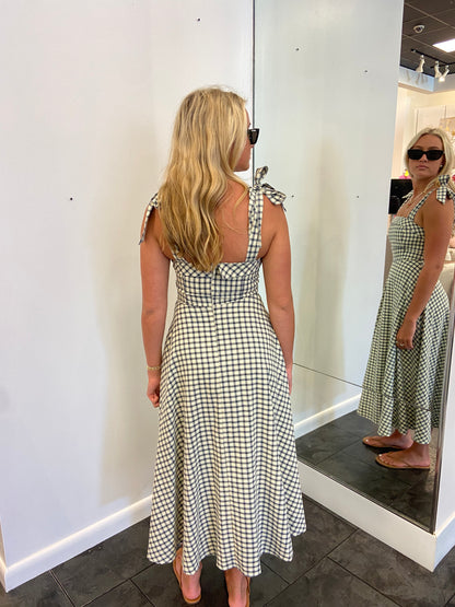 Lulus Blue and White Check Shoulder Tie Midi Dress