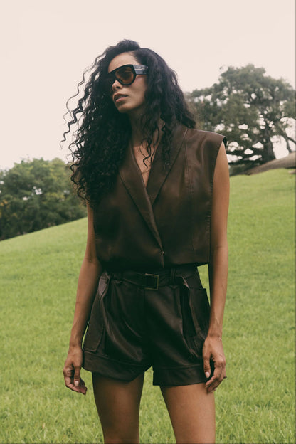 JS71 Mocha Brown Faux Leather Baylor Shorts