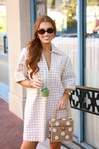 KARLIE Khaki Check Denim VNeck Pocket Dress