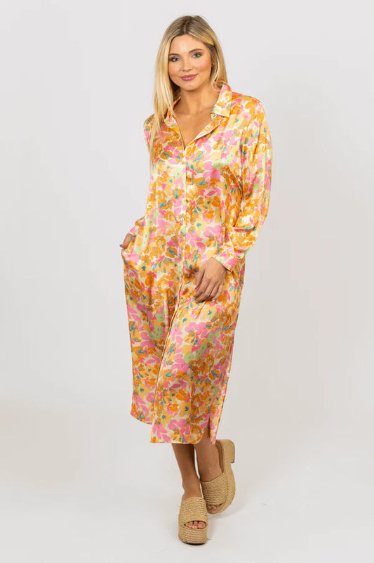 Angela Floral Satin Shirt Dress