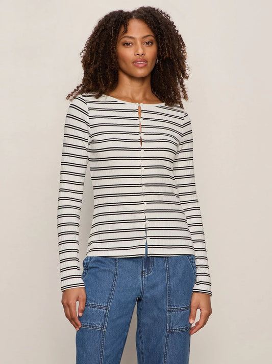 Black and White Button Front Ribbed Top