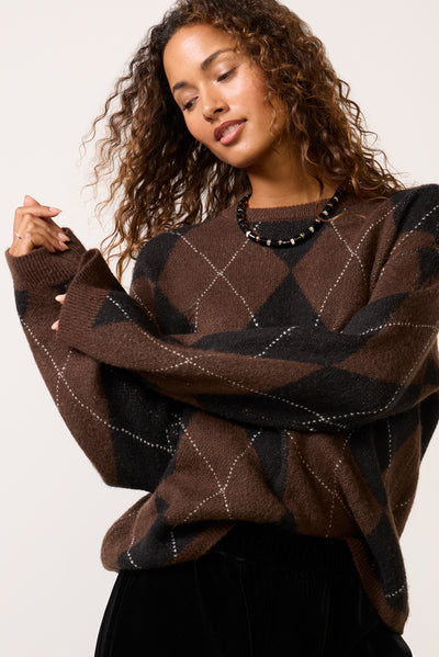 SANCTUARY Espresso Argyle Crew Pullover