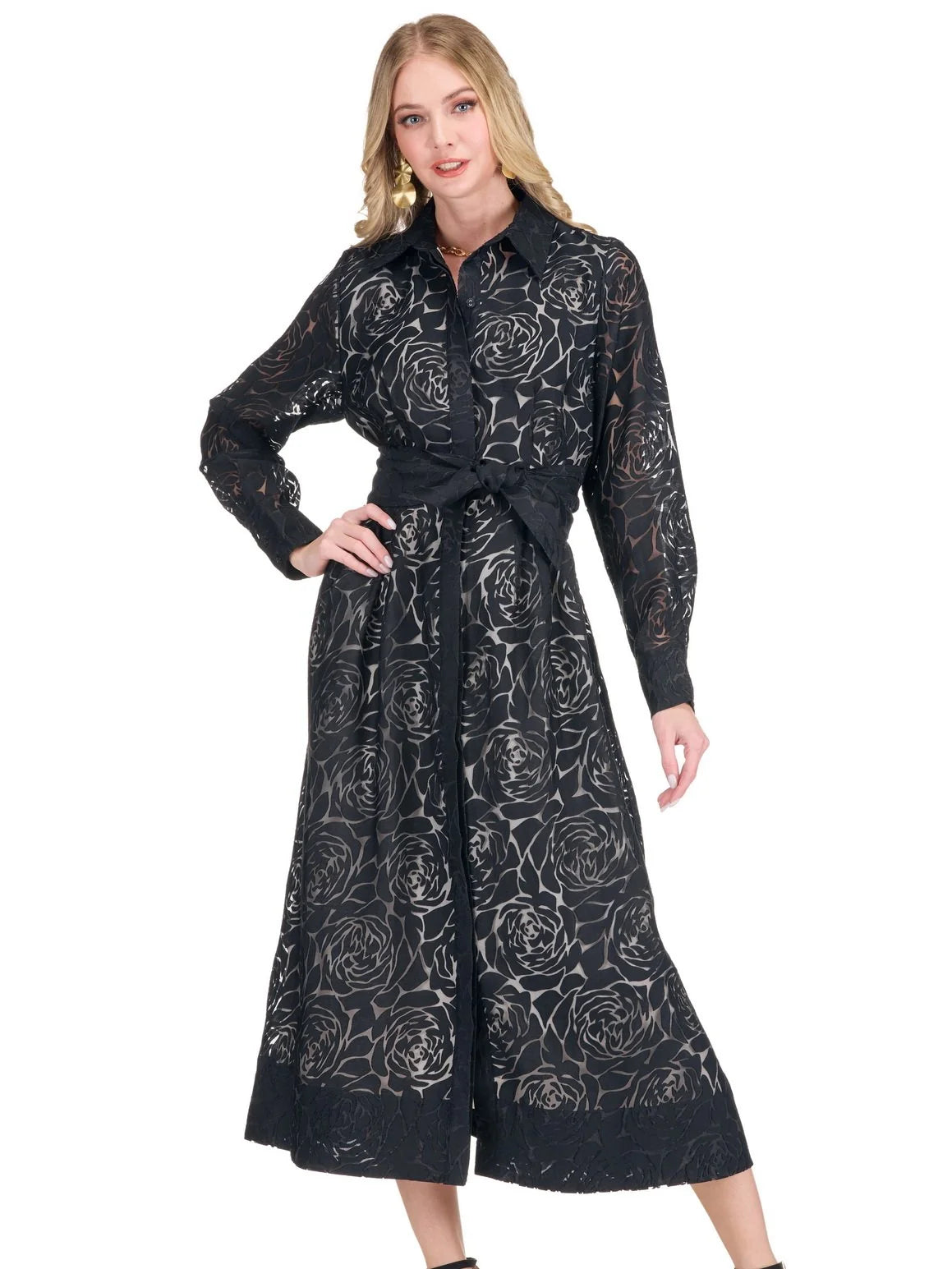 JADE Black Burnout Maxi Shirtdress