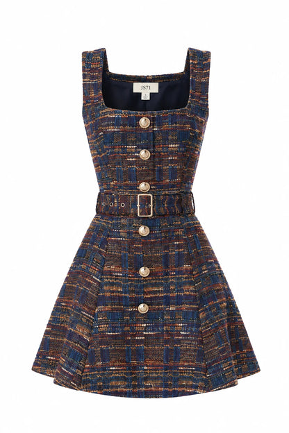 JS71 Navy Burgundy Boucle Carlotta Sleeveless Dress