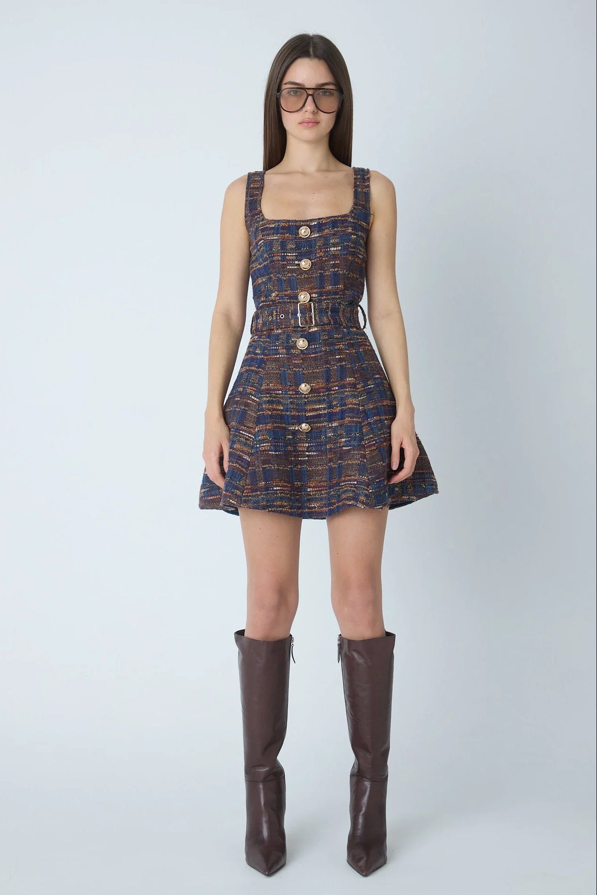 JS71 Navy Burgundy Boucle Carlotta Sleeveless Dress