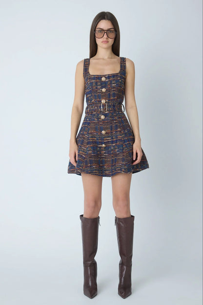JS71 Navy Burgundy Boucle Carlotta Sleeveless Dress