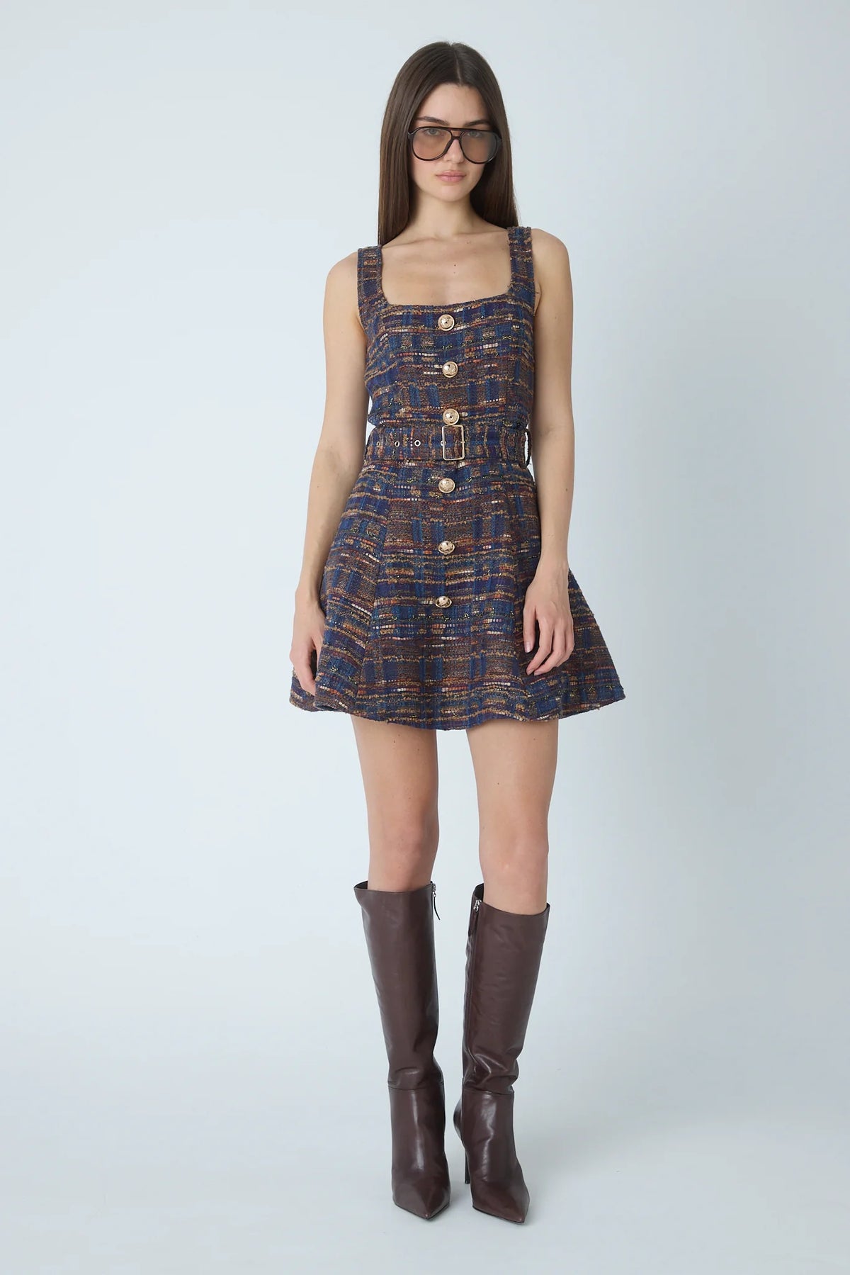 JS71 Navy Burgundy Boucle Carlotta Sleeveless Dress