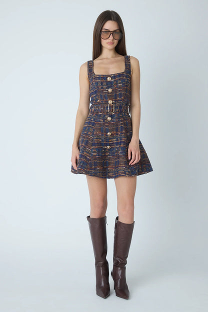 JS71 Navy Burgundy Boucle Carlotta Sleeveless Dress