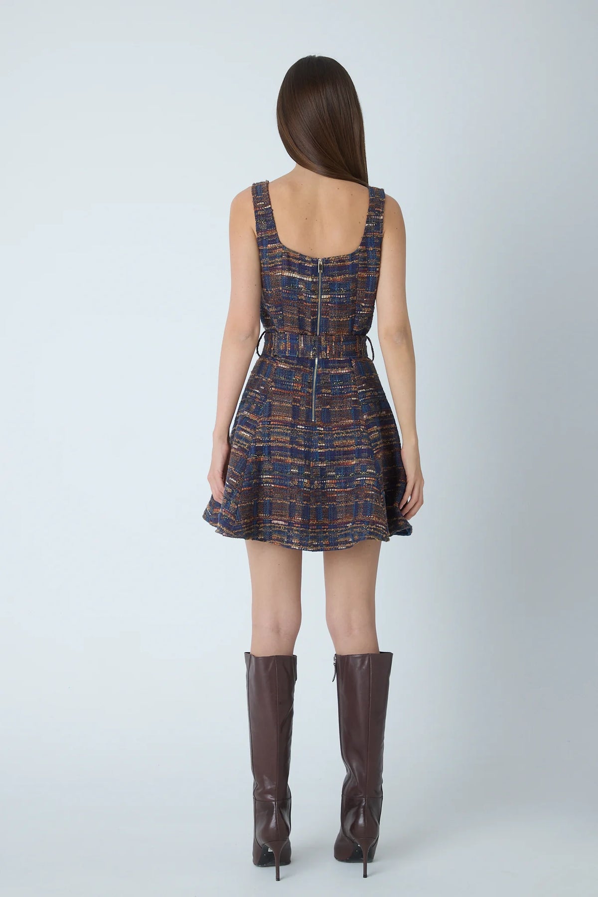 JS71 Navy Burgundy Boucle Carlotta Sleeveless Dress