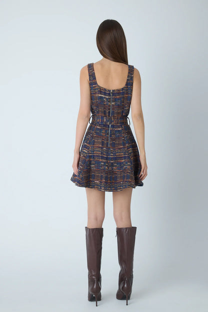 JS71 Navy Burgundy Boucle Carlotta Sleeveless Dress