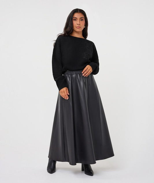 Hillary Black Faux Leather Maxi Skirt