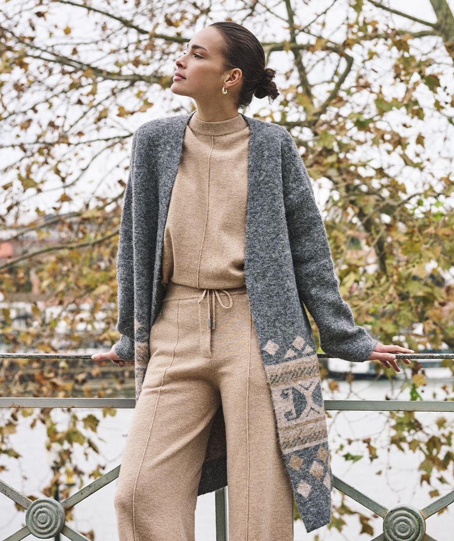 Intarsia Gray Melange Maxi Cardigan