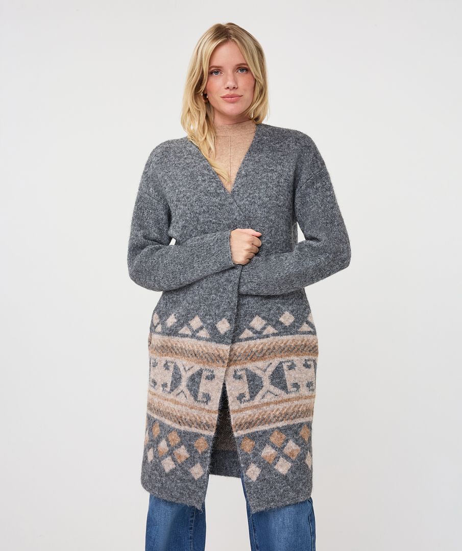 Intarsia Gray Melange Maxi Cardigan