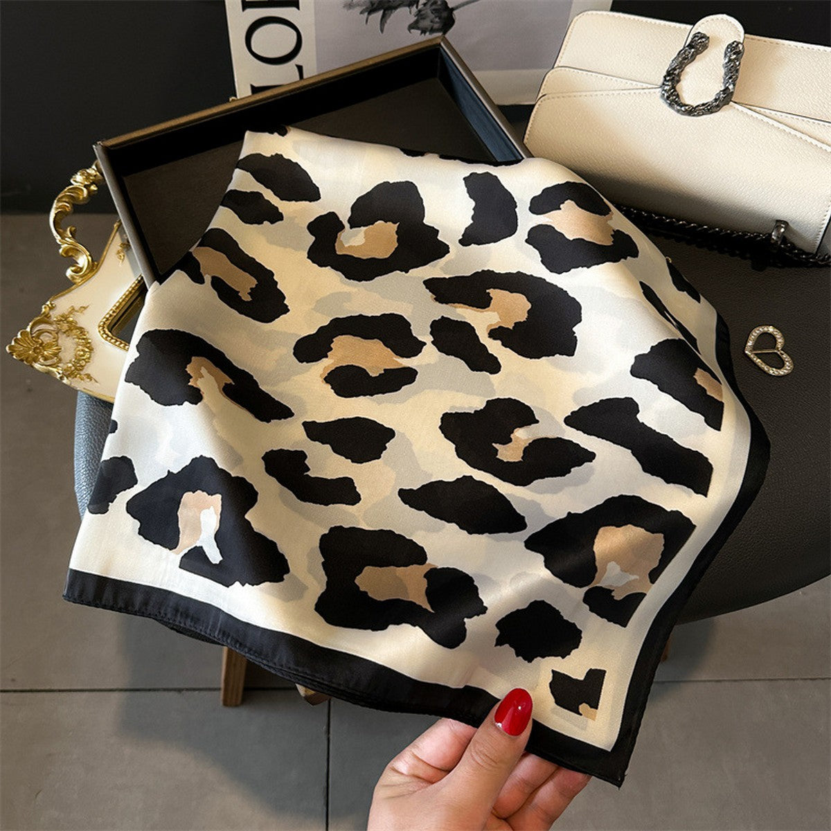 Leopard Print Satin Square Scarf