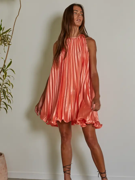 Coral Accordion Pleated Dress