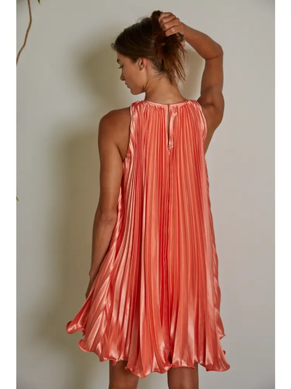 Coral Accordion Pleated Dress