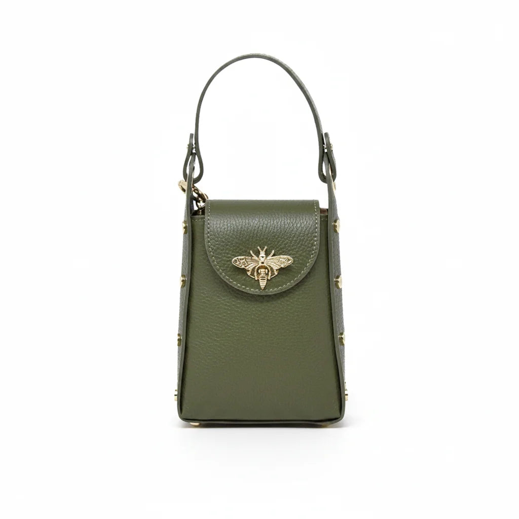 GERMAN FUENTES Genuine Leather Olive Bumble Bee Clutch or Crossbody Purse
