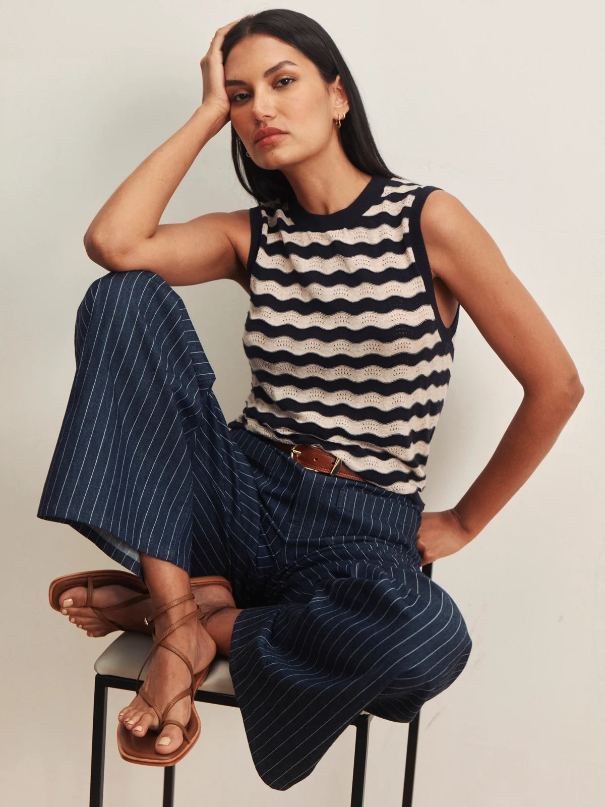 SANCTUARY Navy and Cream Everyday Chevron Top
