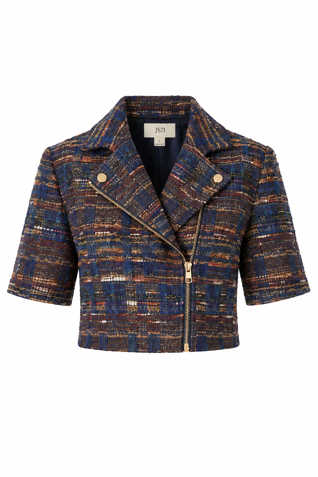 JS71 Navy Burgundy Boucle Cropped Theodora Jacket
