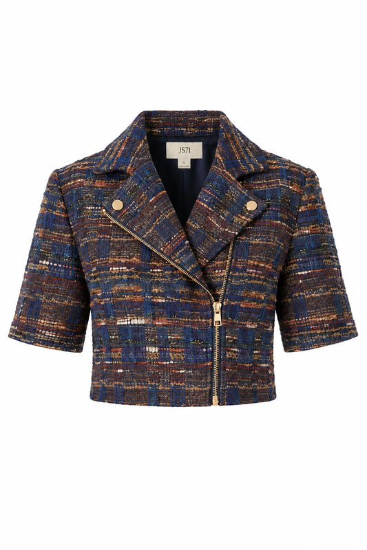 JS71 Navy Burgundy Boucle Cropped Theodora Jacket