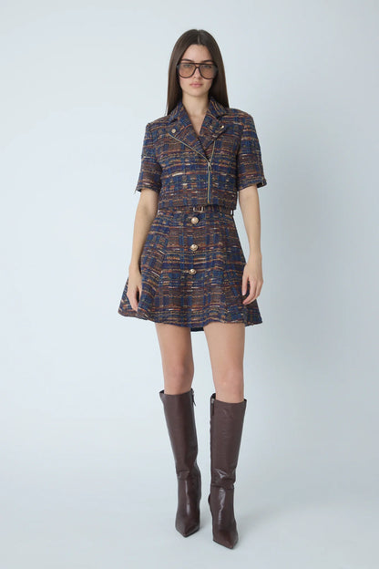 JS71 Navy Burgundy Boucle Cropped Theodora Jacket