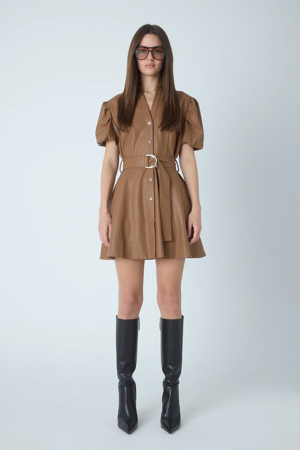 JS71 Faux Leather Camel Tyla Mini Dress