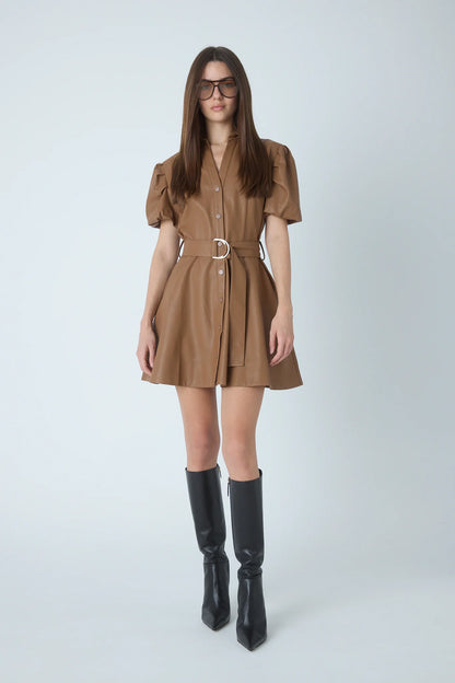 JS71 Faux Leather Camel Tyla Mini Dress