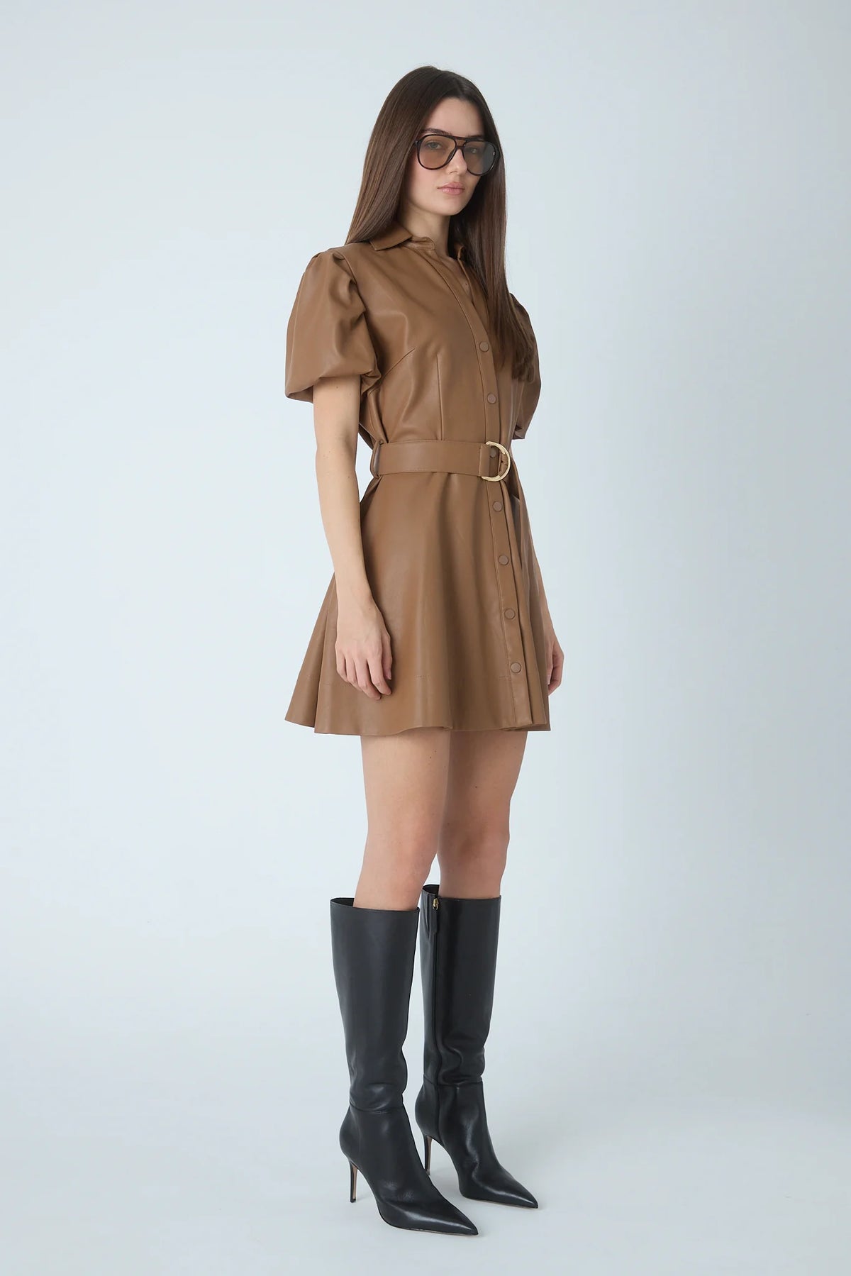 JS71 Faux Leather Camel Tyla Mini Dress
