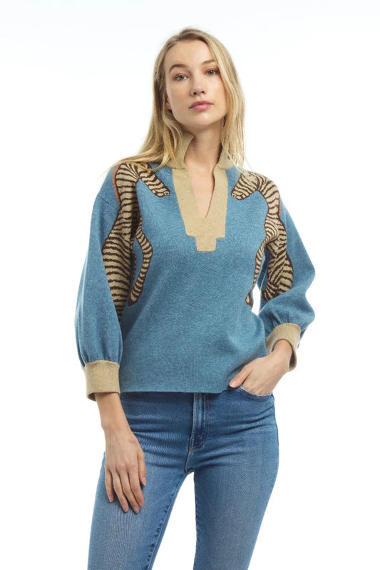 PATTY KIM Blue/Tan Zebra Knit Sweater